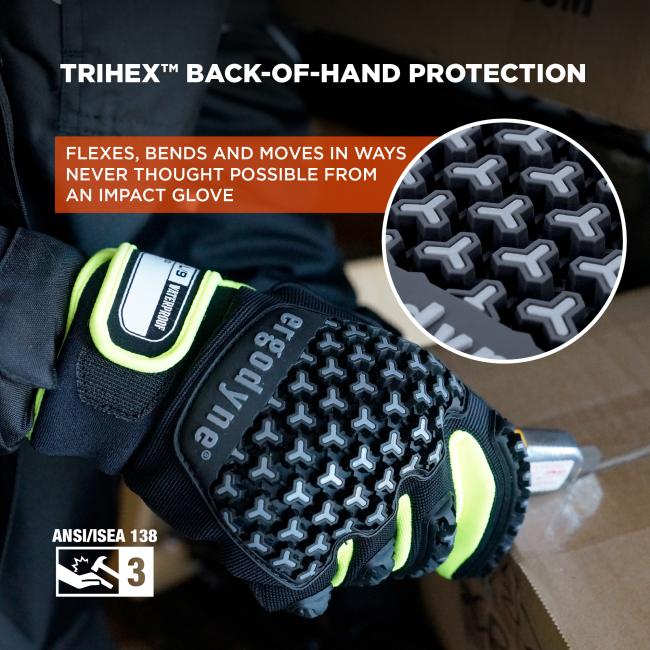 Close-up of black protective glove with tri-shaped textured impact pads, neon yellow trim and circular inset magnified view of the pad pattern
