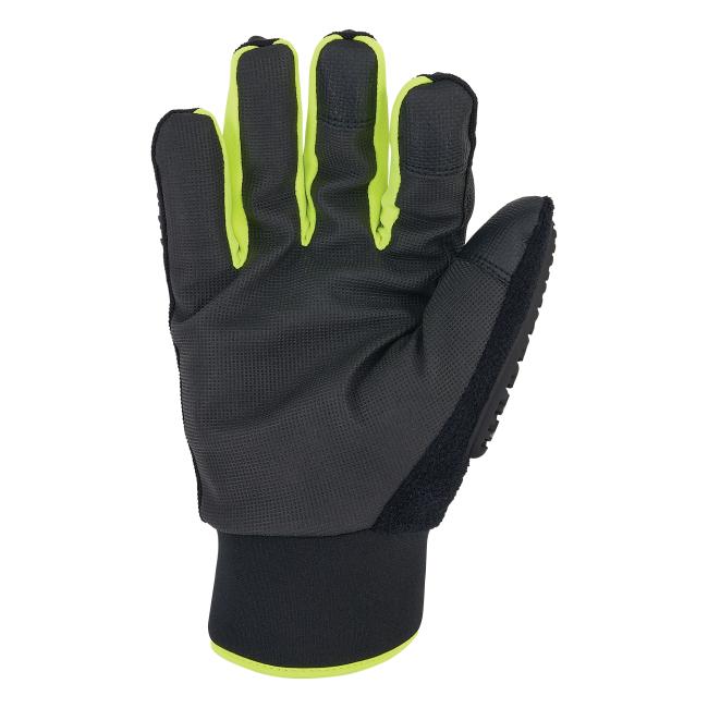 Close-up of black textured glove showing four fingers with neon yellow side panels and a neon-trimmed cuff