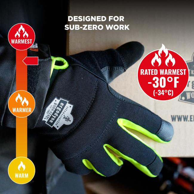Black insulated work glove with neon yellow-green finger openings, shown with red warmth rating badges and bold text "DESIGNED FOR SUB-ZERO WORK".