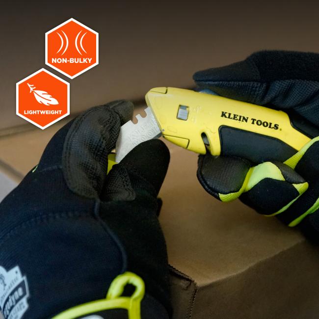 Black-gloved hands holding a yellow utility knife and a spare metal blade, with two orange hexagon badges labeled Non-Bulky and Lightweight at left.
