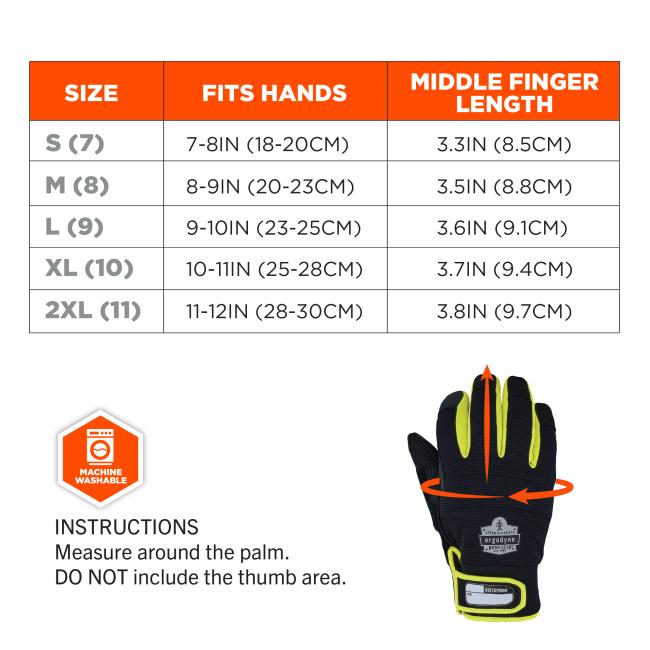 Size chart with orange headers at top left and a black glove with neon yellow accents and orange arrows showing finger and palm measurements.