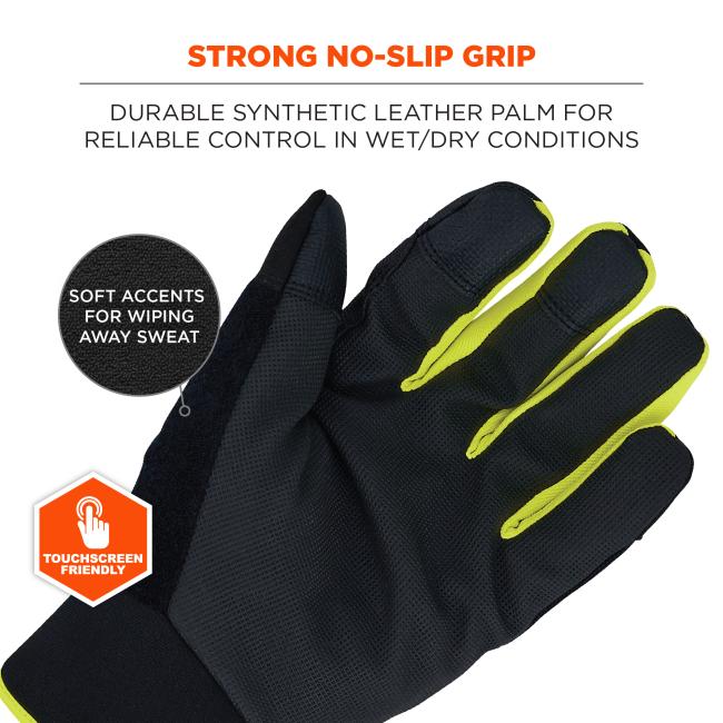 Black textured work glove palm and fingers with neon yellow trim, partial circular fabric inset, and orange touchscreen-friendly badge visible.