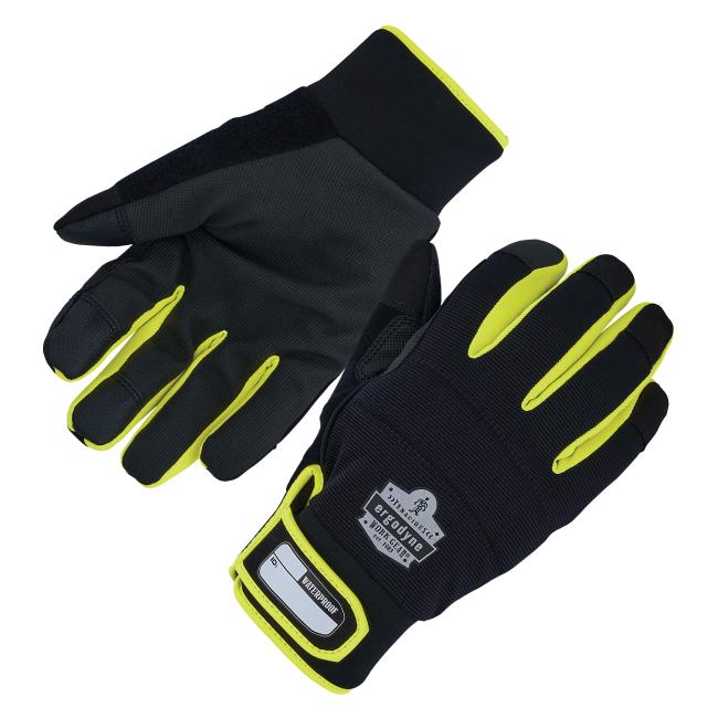 Black work gloves with neon yellow trim, textured palms, reinforced fingertips, and a hook-and-loop wrist strap with a printed label