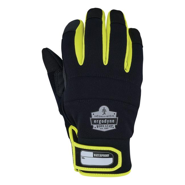 Close-up of black protective work glove with neon yellow finger accents, reinforced fingertips, wrist tag and waterproof ID/label window