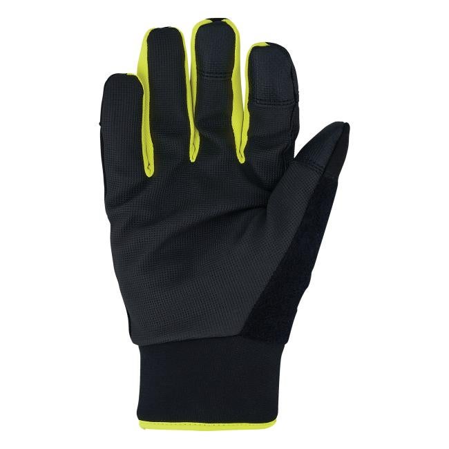 Close-up of a black textured glove showing four fingers with neon yellow inner seams and neon-trimmed cuff