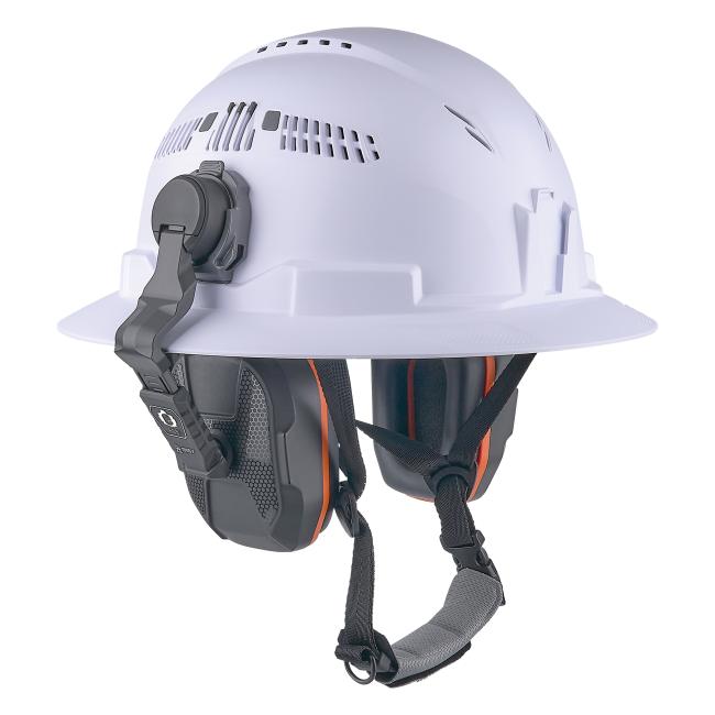non-conductive hard hat earmuffs mounted on a full brim safety helmet