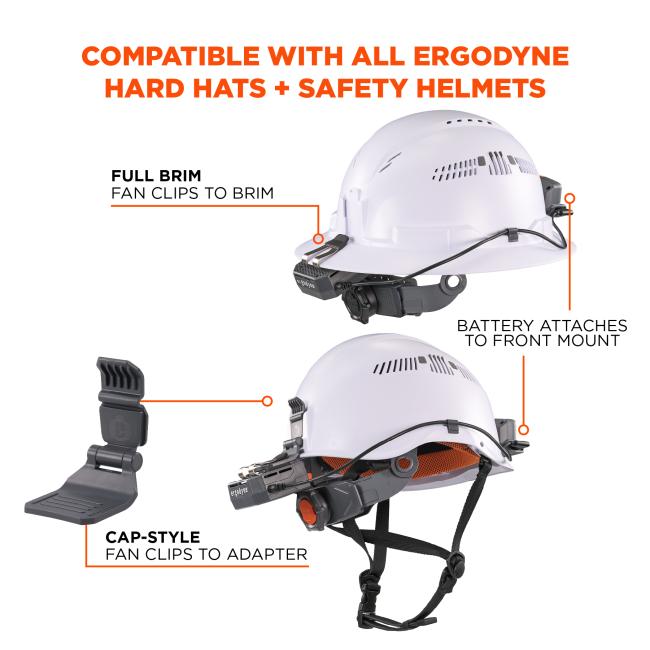 Compatible with All Ergodyne Hard Hats and Safety Helmets: The fan clips directly to the brim of full-brim helmets, and to an adapter for cap-style helmets. The battery attaches to the front mount of both styles for universal compatibility.