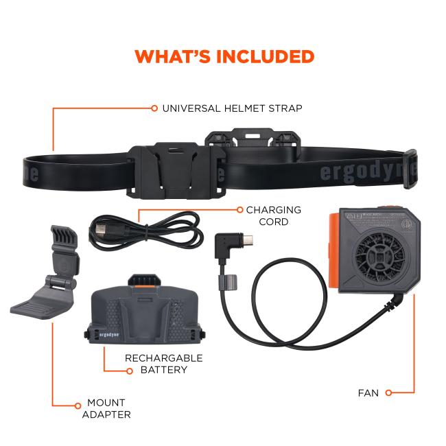 What’s Included: The kit includes a universal helmet strap, mount adapter, rechargeable battery, charging cord, and fan. All essential components for setup and use are provided.