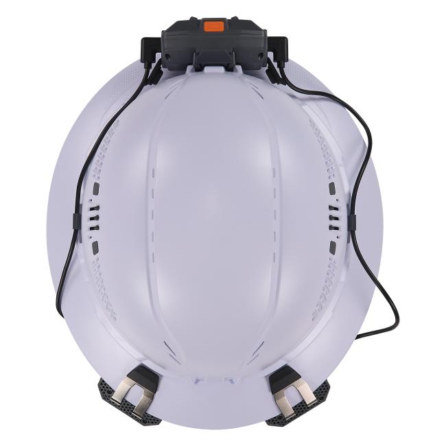 Overhead view of hard hat mounted fan kit on  a hard hat