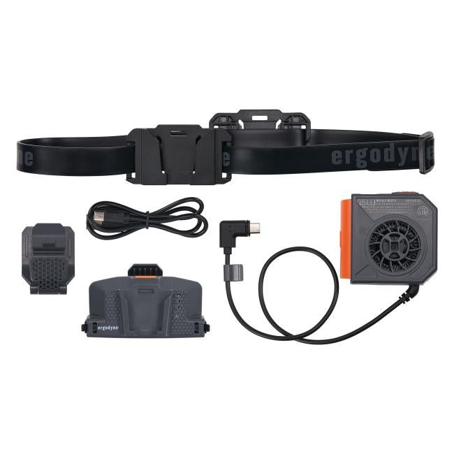 Components of a hard hat fan kit include a strap, charging cord, hard hat clip, rechargeable power bank and hard hat fan module