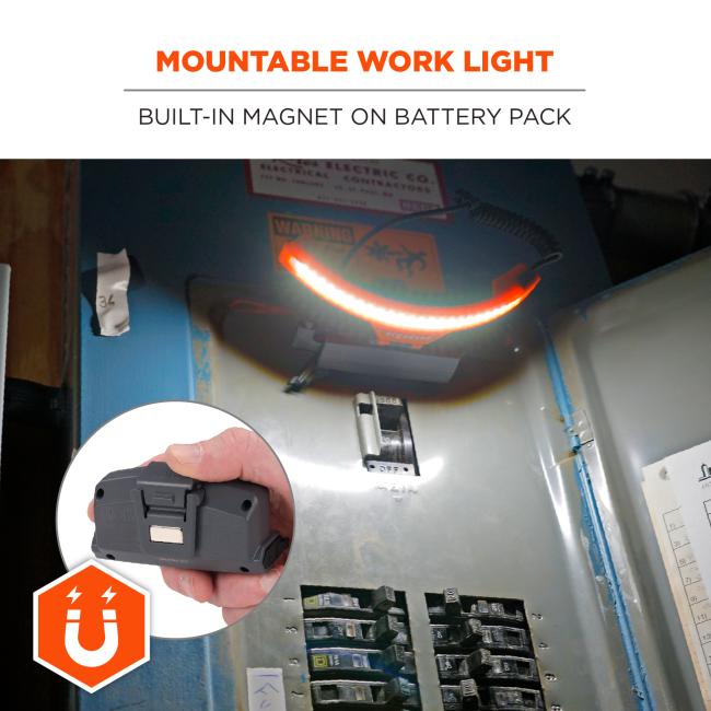 Mountable Work Light: Features a built-in magnet on the battery pack, enabling it to be mounted to metal surfaces for versatile lighting on the job.