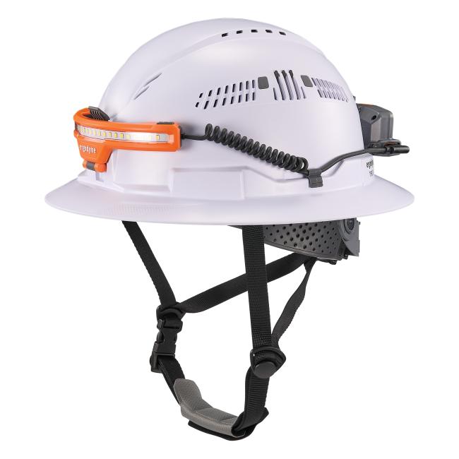 3q view of wide beam headlamp with hard hat mount on a hard hat