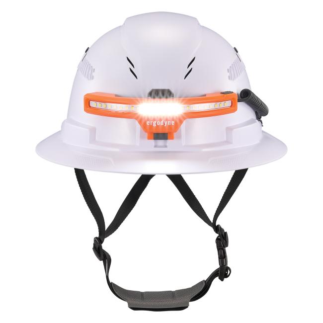 Front view of wide beam headlamp with hard hat mount narrow light