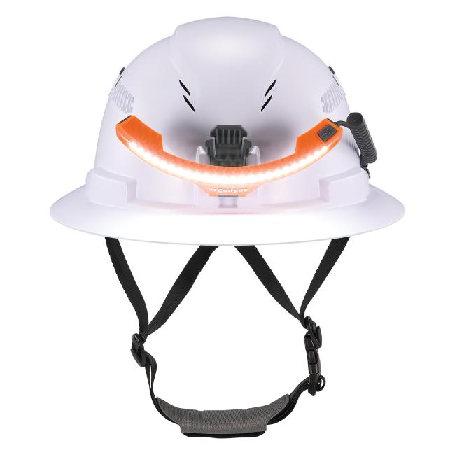 Front view of wide beam headlamp with hard hat mount wide light tilted down