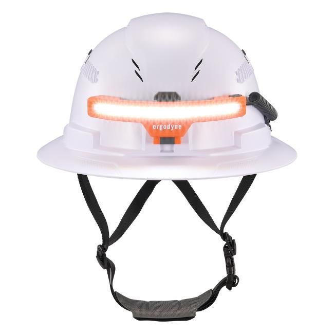 Front view of wide beam headlamp with hard hat mount on wide light setting