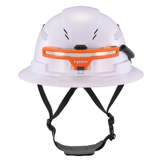 Front view of wide beam headlamp with hard hat mount