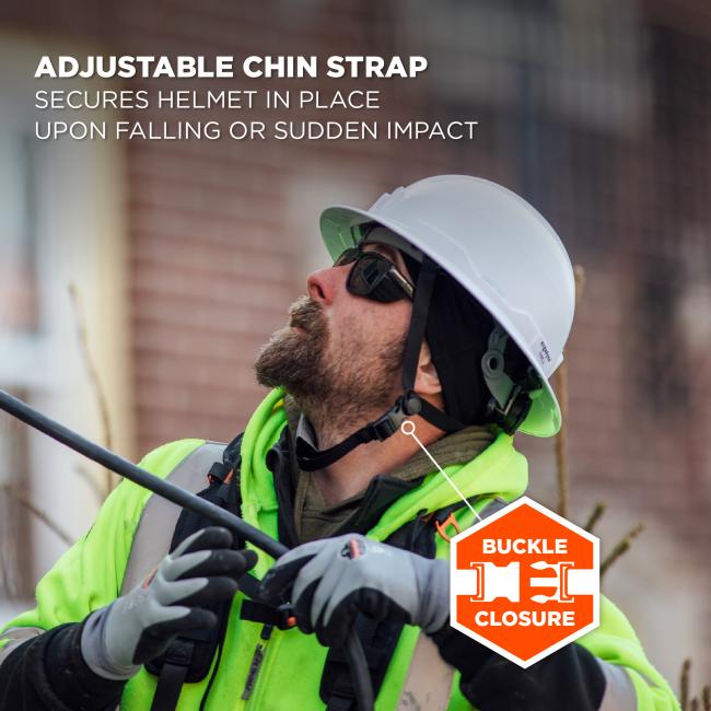 Adjustable chin strap: secures helmet in place upon falling or sudden impact