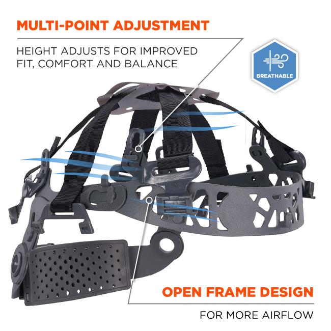 Multi-point adjustment: height adjusts for improved fit, comfort and balance. Open frame design for more airflow and a breathable feel