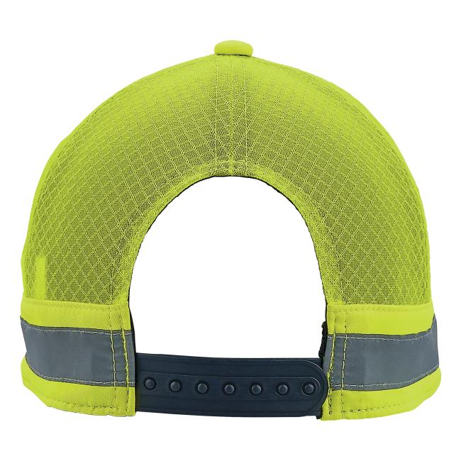 Back of neon yellow mesh cap with snapback plastic closure and reflective gray strip