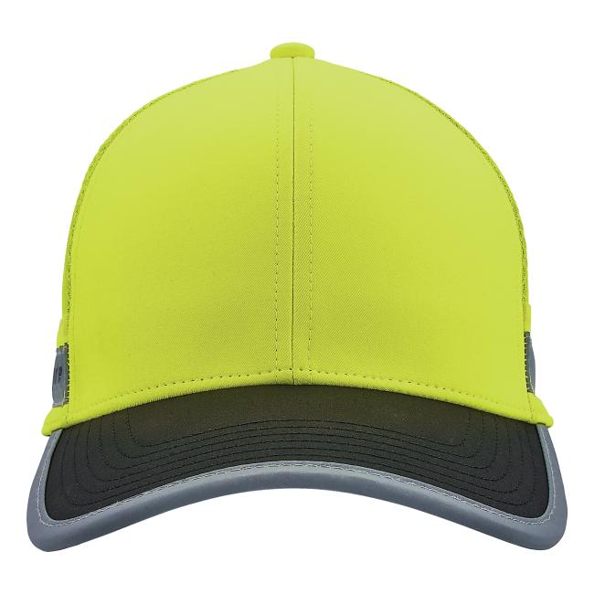 Close-up front of neon yellow baseball cap showing stitched panels, top button and dark curved brim with gray edging