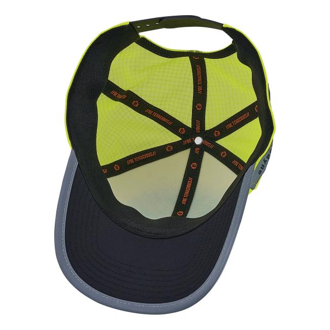 Inside a cap: neon yellow mesh crown, black sweatband, black cross straps with orange text, black brim with gray trim, adjustable strap.