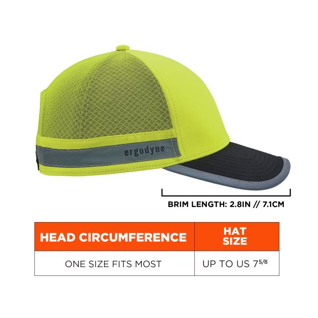Close-up of neon yellow safety cap with mesh crown, reflective band and dark curved brim
