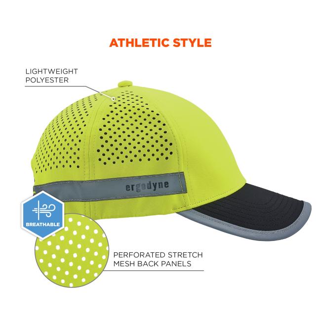 Neon yellow perforated cap with stitched panels, gray reflective strip with black text, and black curved brim with gray edge