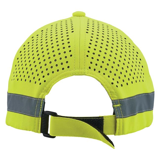 Rear view of neon yellow life vest with perforated upper panel, gray reflective bands, adjustable buckle and Velcro strap.