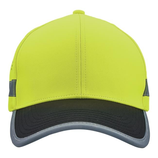 Close-up of neon yellow baseball cap crown with center seam and black curved brim with gray edging and visible stitching