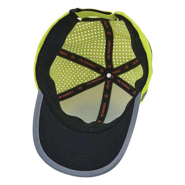 Inside of a cap: fluorescent yellow-green perforated mesh crown, black sweatband, black brim with gray edge.