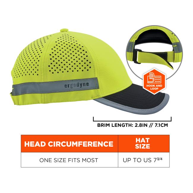 High-visibility yellow cap with perforated panels, gray reflective strip, black curved brim and adjustable hook-and-loop strap (inset)