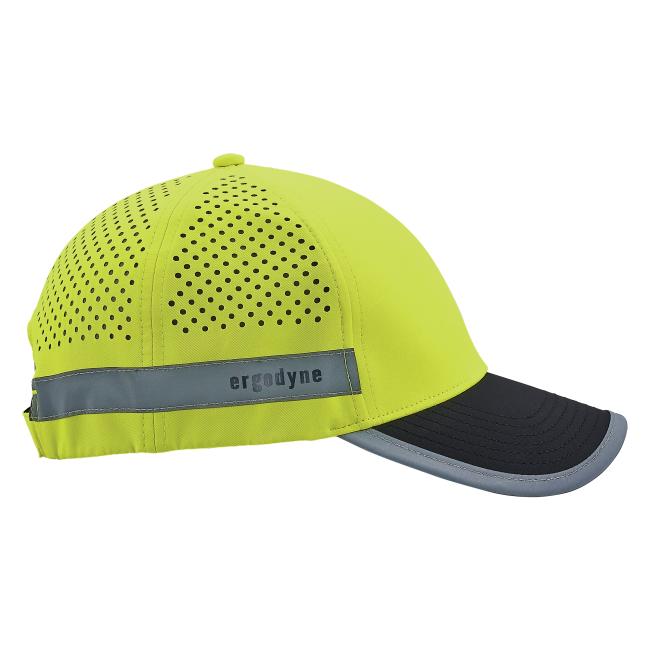 High-visibility yellow cap with perforated panels, small top button, reflective gray strip across back and dark curved brim
