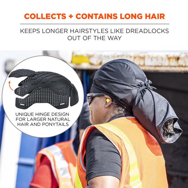 Person wearing black durag with ponytail, orange safety vest and yellow earplugs; inset of black ventilated helmet liner panels.