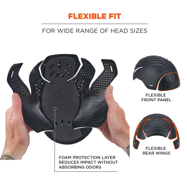 Two hands stretching a black perforated flexible helmet liner with foam pads; inset images show curved front panel and rear wings outlined.