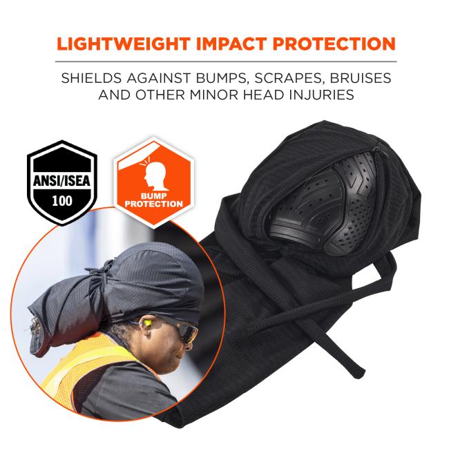 Black padded cap with molded protective insert next to a worker wearing a tied headwrap, safety vest, earplugs and sunglasses