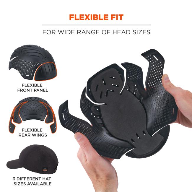 Flexible fit for wide range of heads. Flexible front panel, flexible rear wings. 3 different hat sizes available