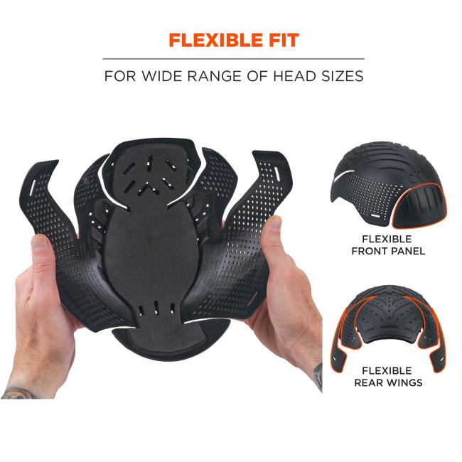 Flexible fit for wide range of heads. Flexible front panel, flexible rear wings