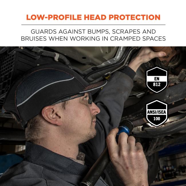 Low-profile head protection: Guards against bumps, scrapes and bruises when working in cramped spaces. Compliant to ANSI/ISEA 100 and EN 812 standards.