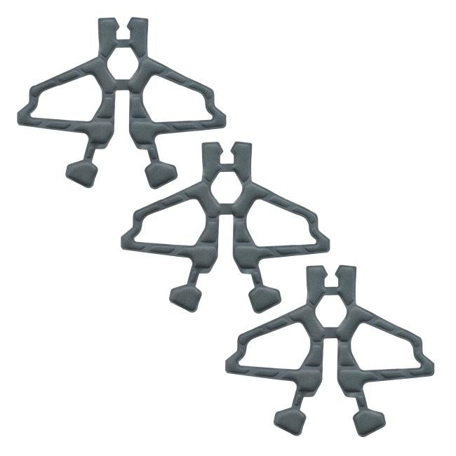 Three gray fabric-covered foam padding pieces with geometric cutouts arranged diagonally on a white background