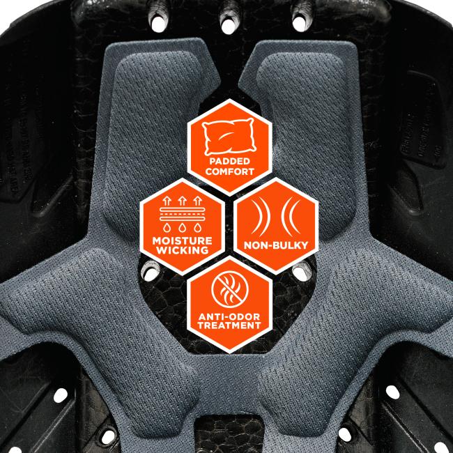 Gray padded fabric on black textured shell with white holes; orange hex labels: Padded Comfort, Moisture Wicking, Non-Bulky, Anti-Odor Treatment