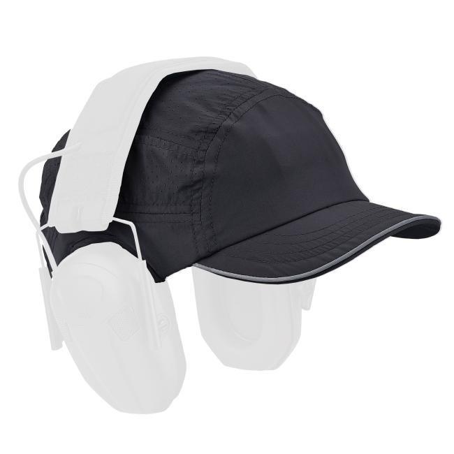 Black cap with perforated crown, multiple stitched panels and curved brim with thin reflective edging on white background