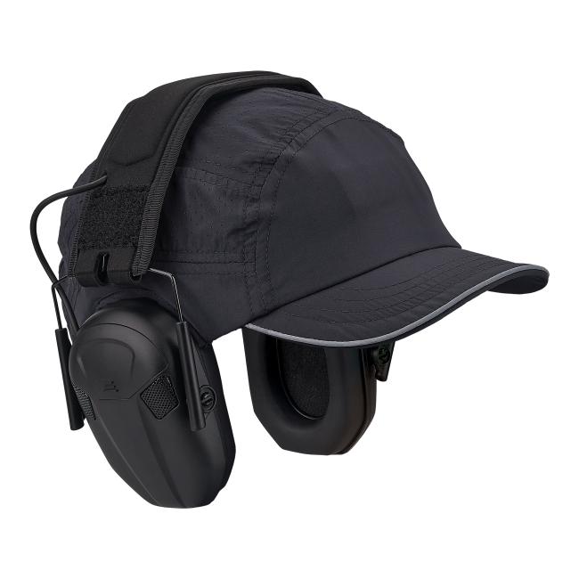 Black cap with perforated crown and stitched brim, attached padded over-ear earcups, Velcro strap and cable.