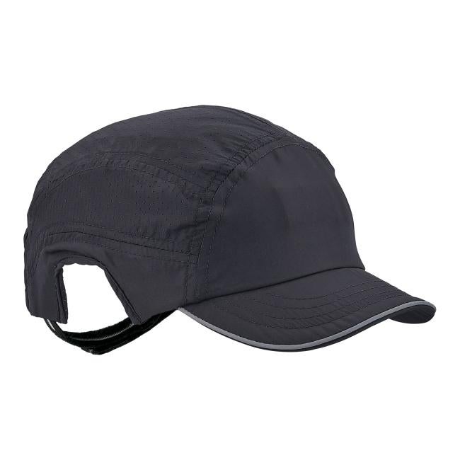 Close-up of dark gray cap with perforated top panels, multiple stitched seams, curved brim with reflective edge and rear adjustable strap