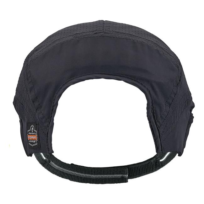U-shaped black padded strap with stitched panels, small rectangular fabric patch on left, and adjustable black webbing with a reflective stripe