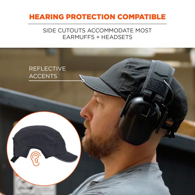 Man in profile wearing a dark cap with side cutouts and over-ear hearing-protection headset; inset cap illustration with ear icon