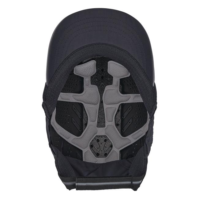 Top-down view of a black helmet interior with gray padded liner, black protective inserts and a black adjustable chin strap