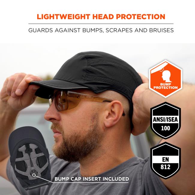 Man adjusting a black cap while wearing amber safety glasses; bump protection and certification shield icons shown