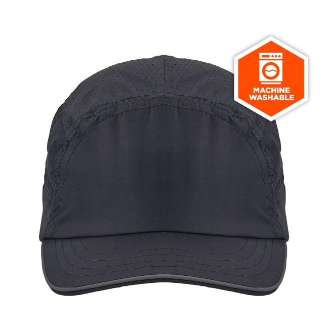 Front view of dark gray perforated cap with curved brim and an orange hexagon machine-washable icon at top right.