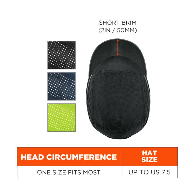 Top view of a black perforated cap with short brim and orange measurement arrow; polka-dot color swatches left and orange sizing chart.