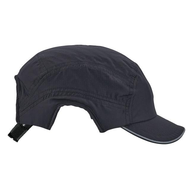 Dark gray sun hat with neck flap, perforated top panels, adjustable Velcro strap and curved brim with reflective edge.